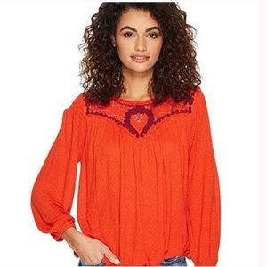 Free People Begonia Embroidered Blouse in Red